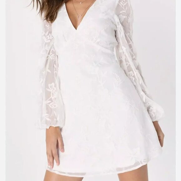 Lulus Angelic Bliss White Embroidered Puff Sleeve Mini Dress Women's Size L - Picture 1 of 9